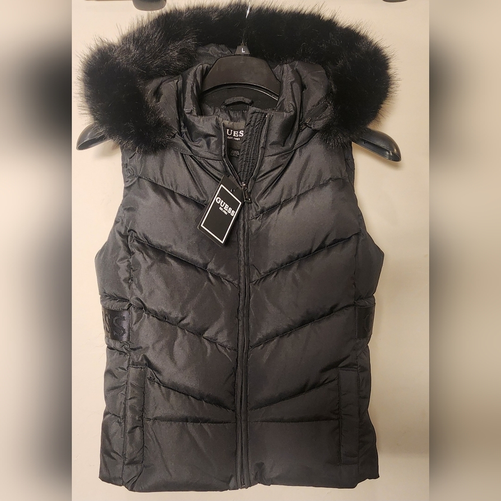 Guess Hailey Black Hooded Quilted Puffer Vest Jacket Faux-fur Trim Size Medium M